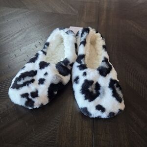 Faux Fur Slipper Socks Gripper Bottoms Size M/L 8-10 Cow Print New